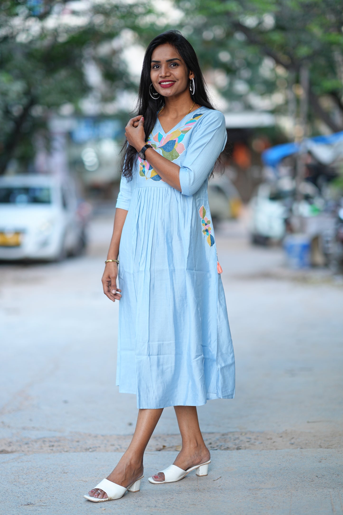 SKy Blue Viscose Party Wear Frock