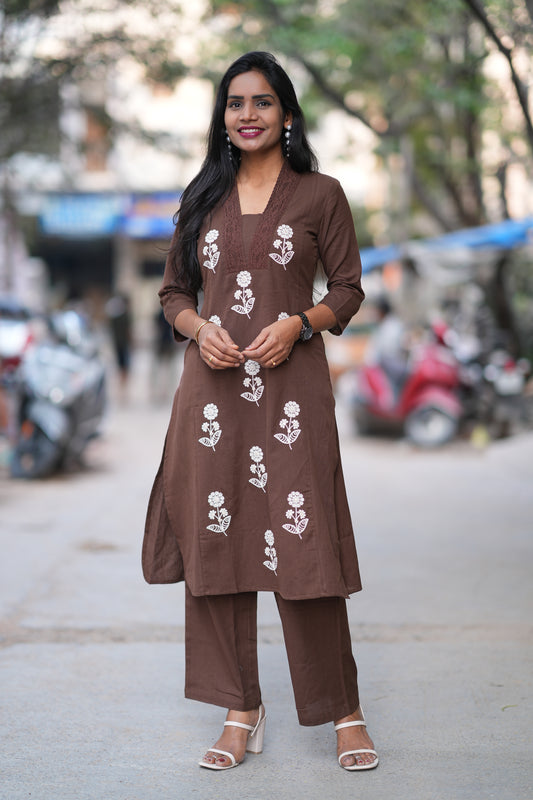 Brown Color Jaipuri Cord Set With Thread Embroidery Work