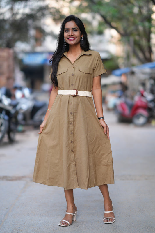 Light Brown Color Jaipur Cotton Frock With Belt