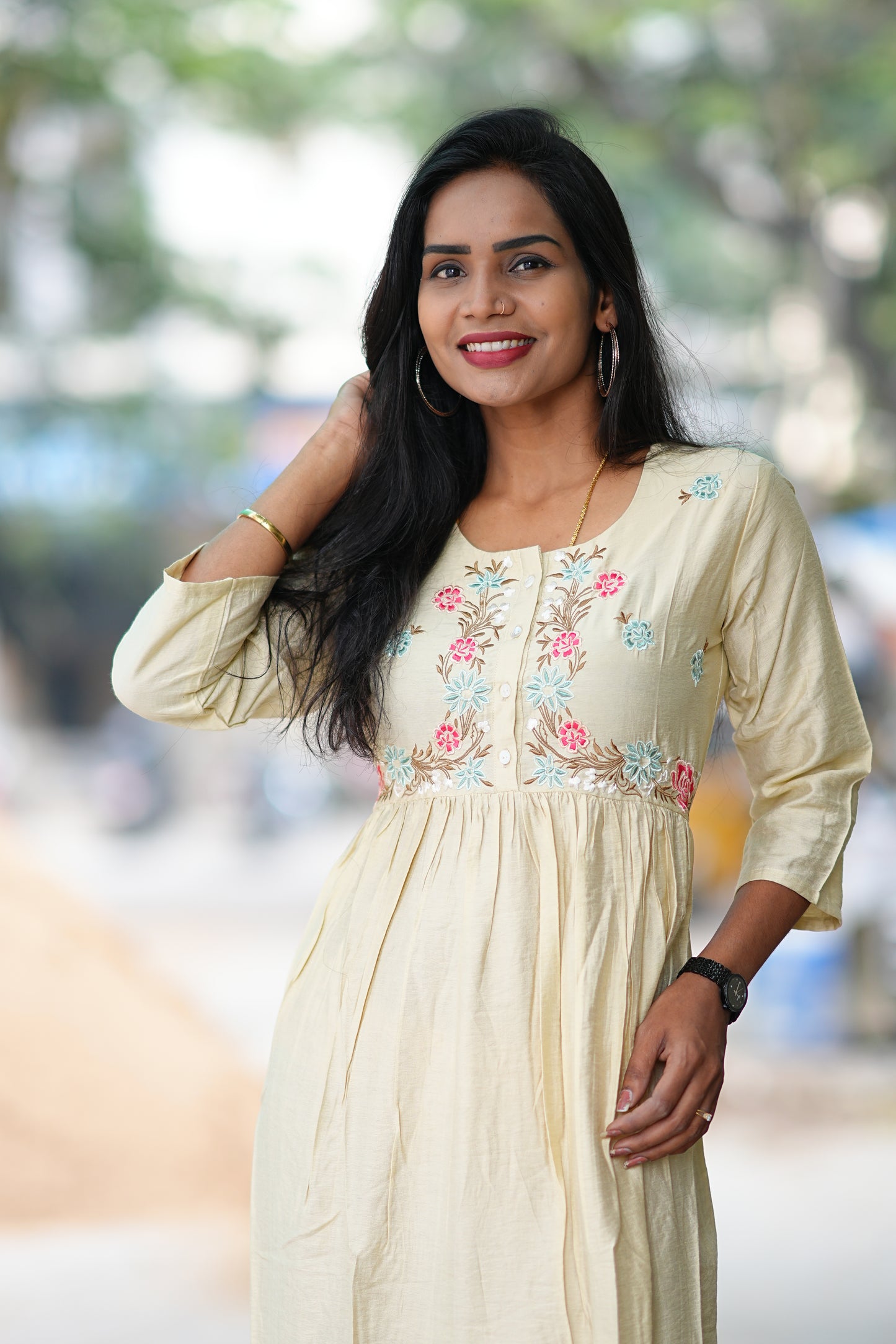 Cream Color Viscose Party Wear Frock