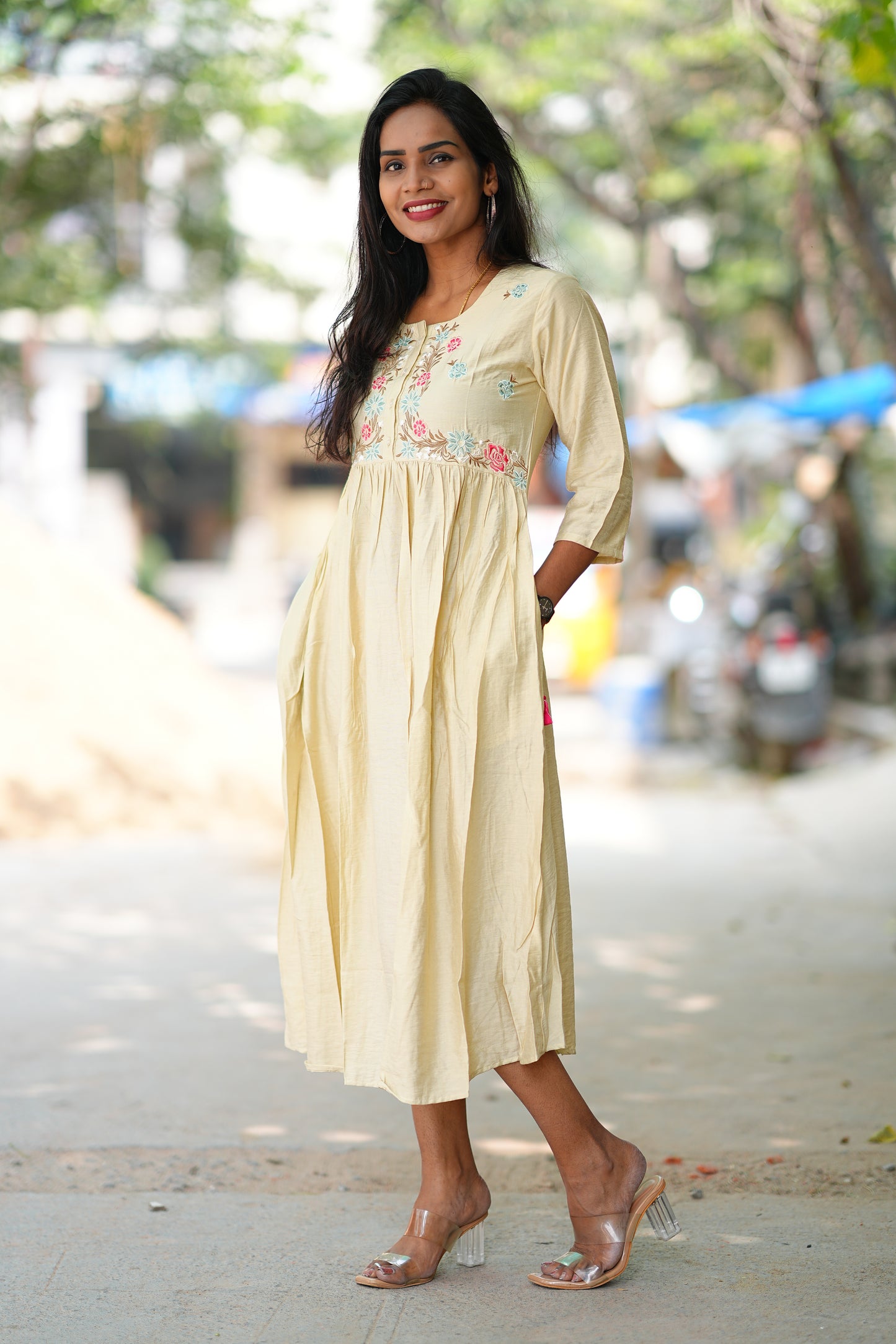 Cream Color Viscose Party Wear Frock