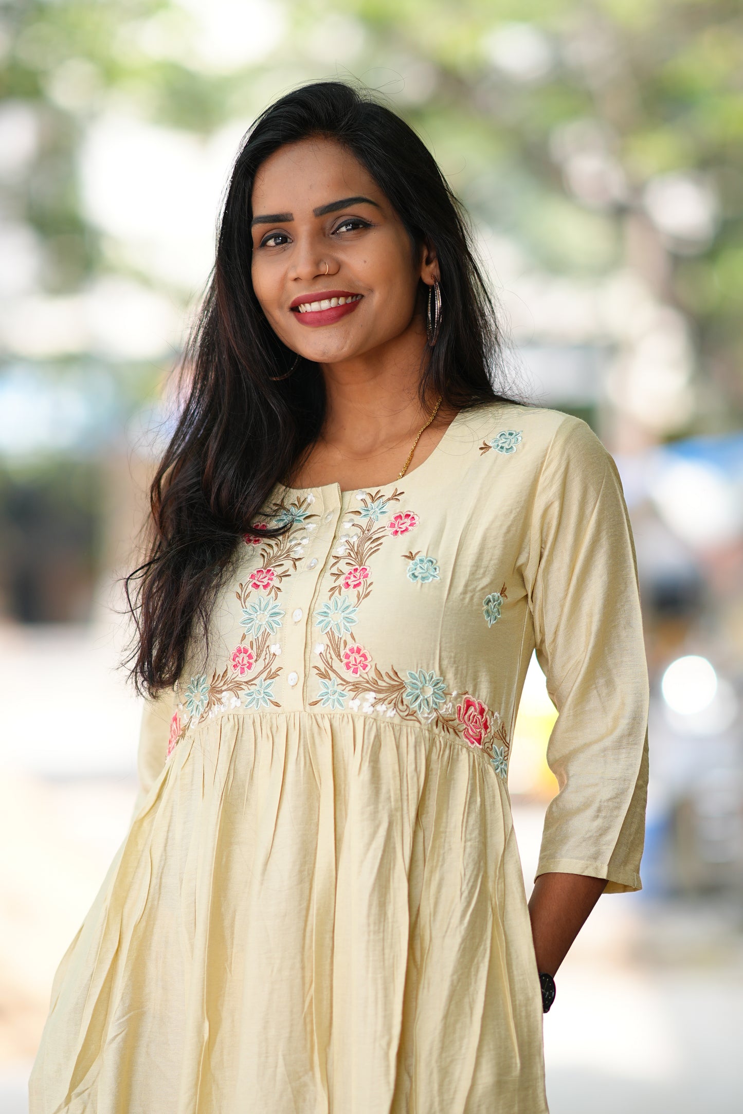 Cream Color Viscose Party Wear Frock