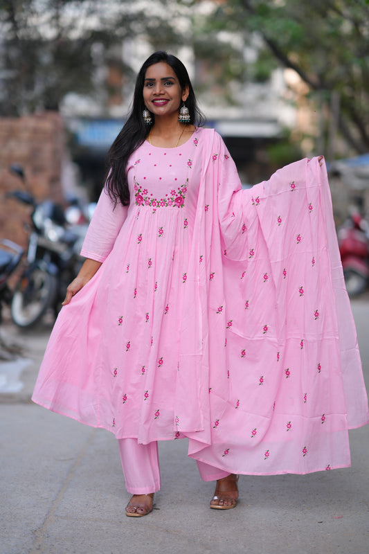 Pink Color Mul Cotton 3 Piece Set With Embroidery Work