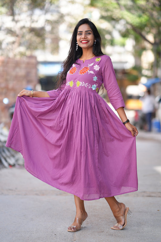 Purple Color Mul Cotton Frock With Complete Lining and Embroidery Work
