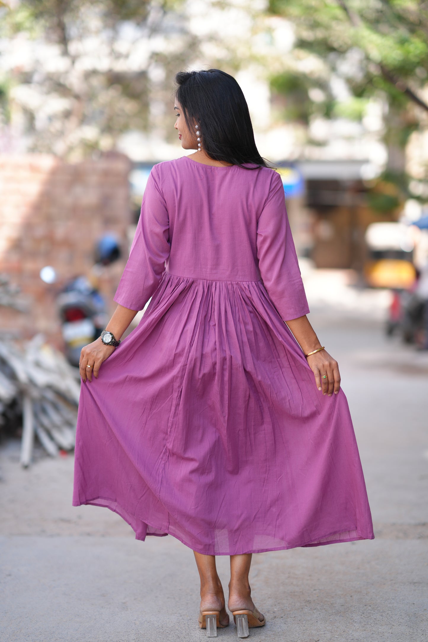 Purple Color Mul Cotton Frock With Complete Lining and Embroidery Work