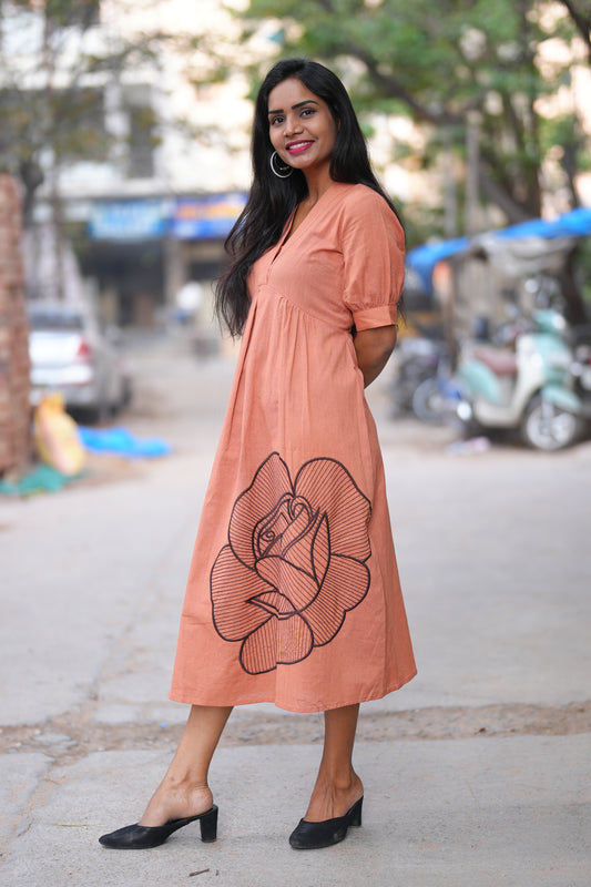 Peach Orange Jaipuri Cotton Frock With Embroidery Work