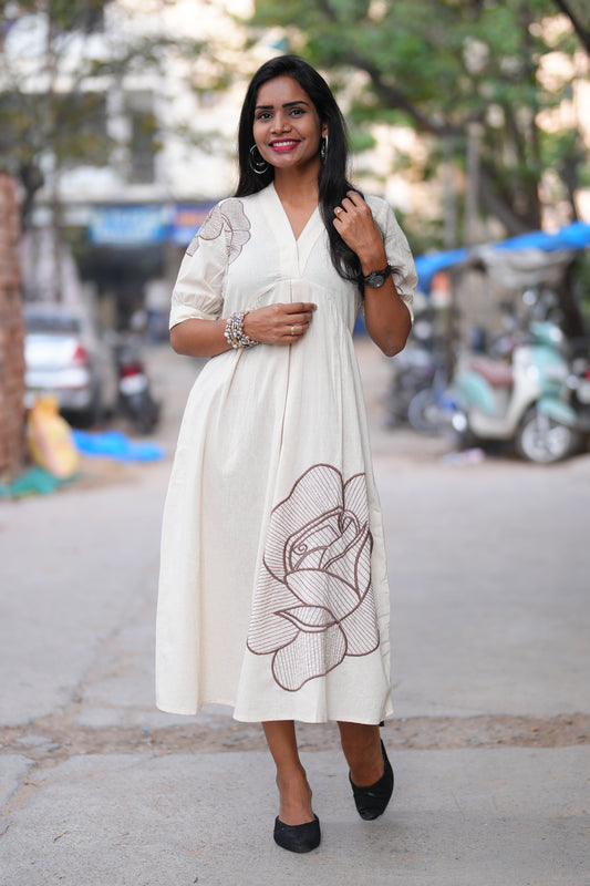 Light Beige Color Jaipuri Cotton Frock With Embroidery work