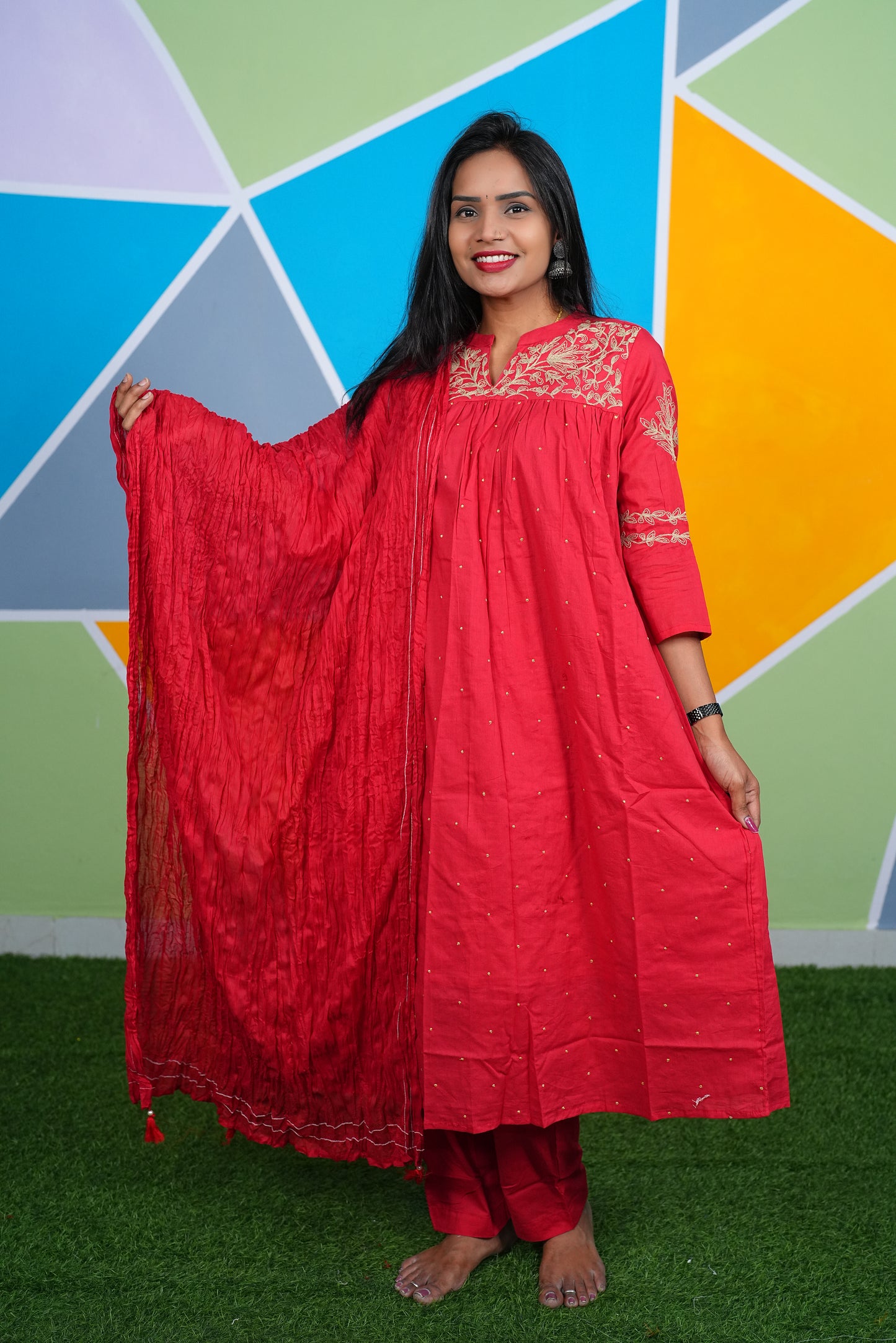 Red Color Office Wear 3 Piece Set With Complete Lining