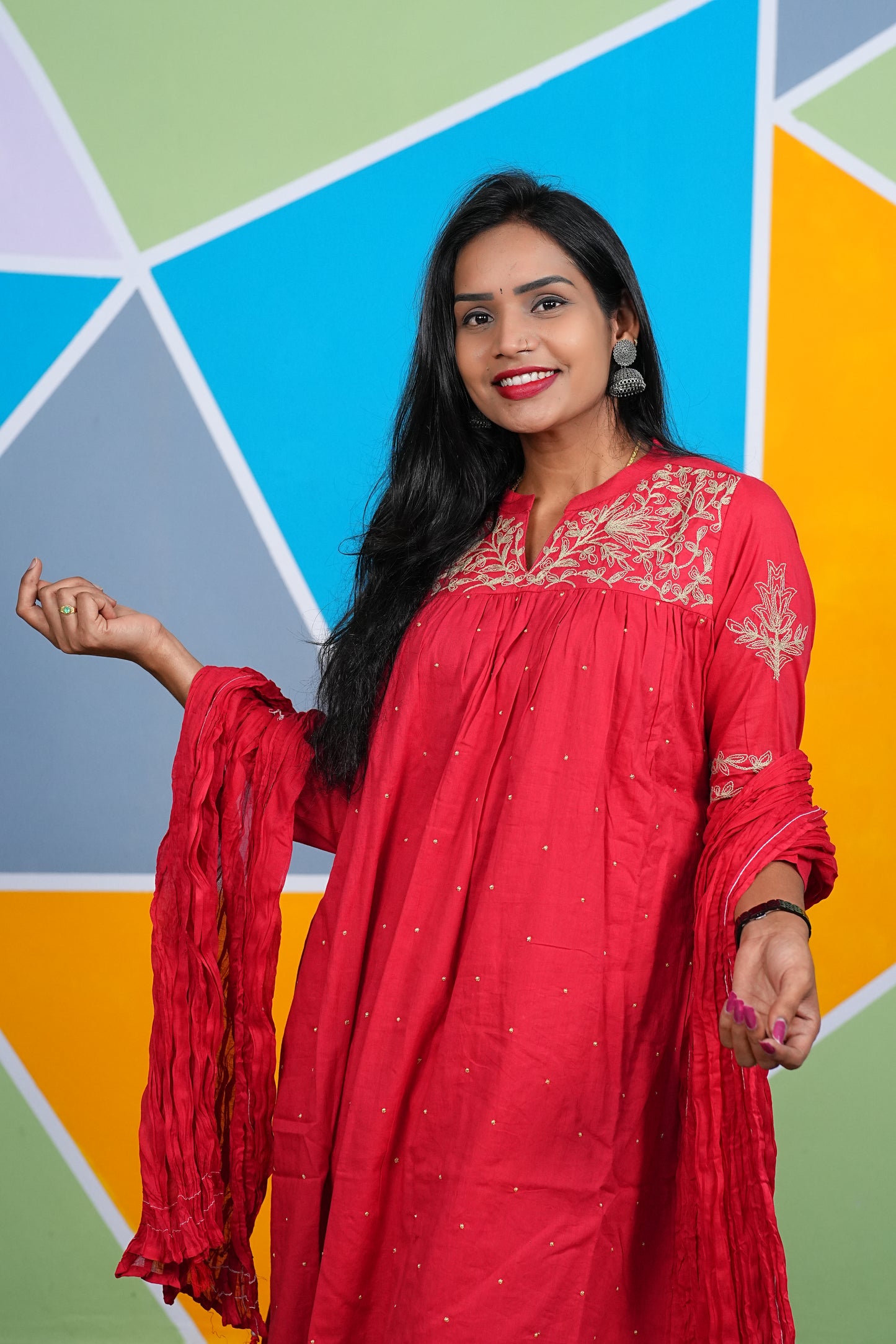 Red Color Office Wear 3 Piece Set With Complete Lining