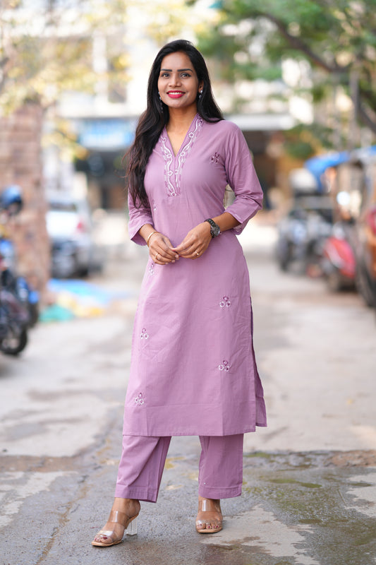 Light Purple Color 92.5 Jaipur Cotton Office Wear Cordset with Embriodary Work
