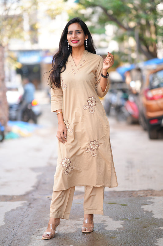 Beige Color 92.5 Threads Jaipur Cotton office Wear Cord Set With Embroidery work