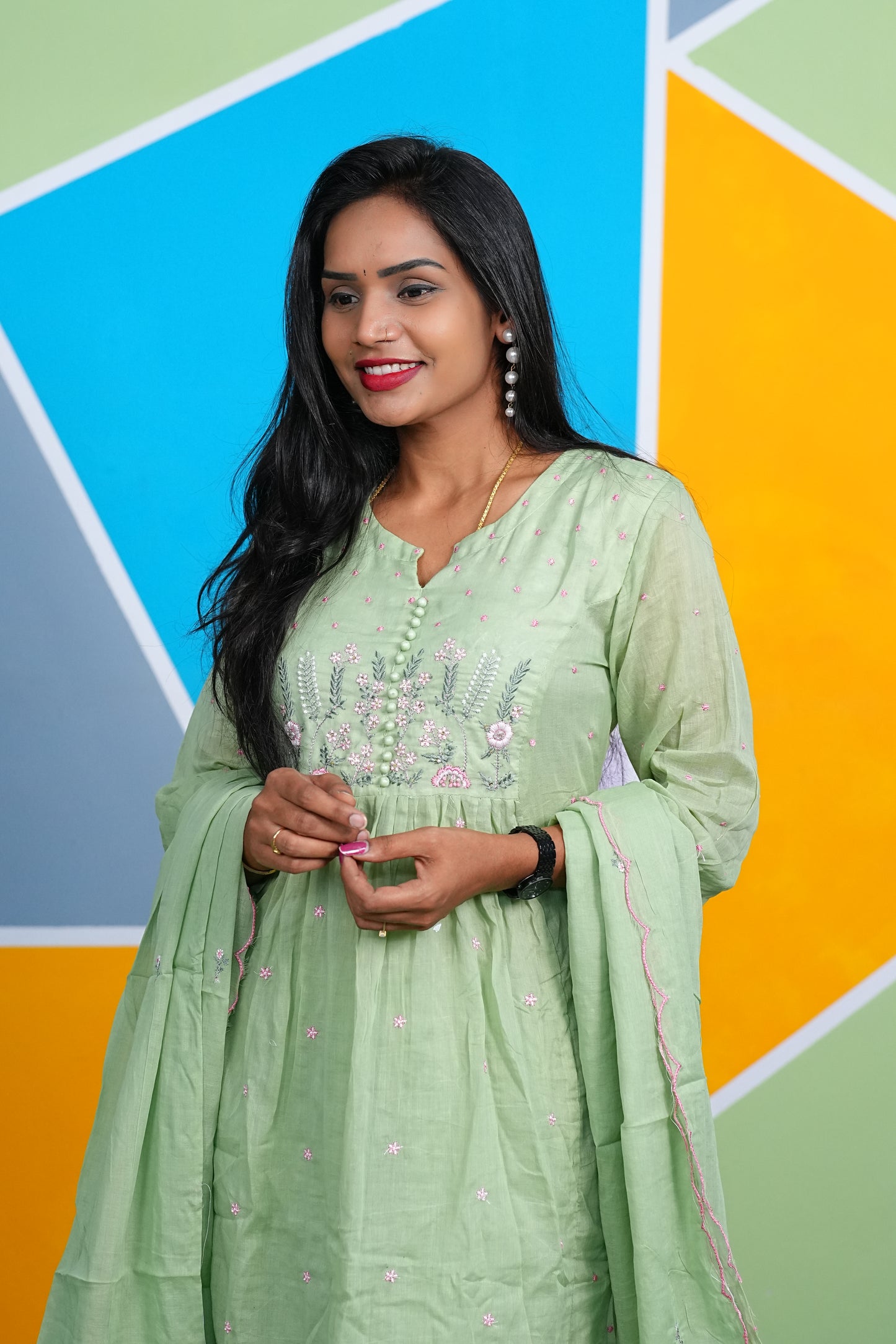 Pure Mulmul Cotton Pista Green Dress With Thread Embroidery Work and Complete Lining