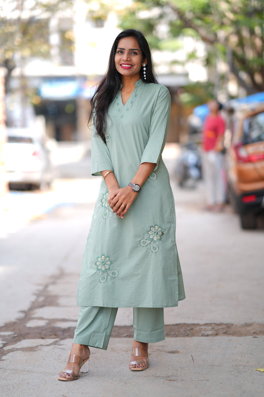 Mint Green Color Jaipur Cotton Office Wear Cordset With Embriodary Work