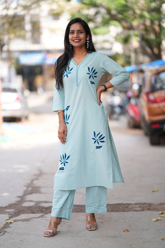 Pastel Blue Color Jaipur Cotton Office Wear Cordset With Embriodary Work