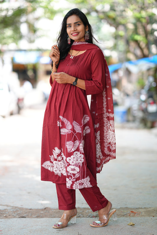 Maroon Color Jaipuri Cotton A Line 3 Piece Set