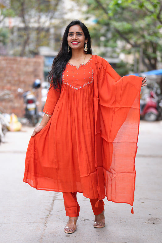 Orange Color Mul chanderi 3 Piece set With Gota patti work