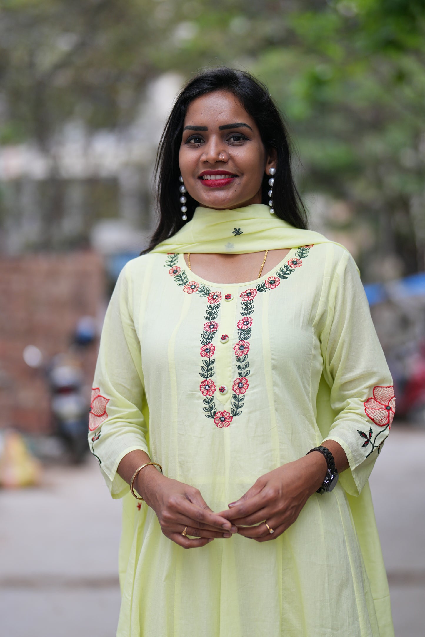 Lime yellow Mul cotton 3 Piece Set With Half Lining