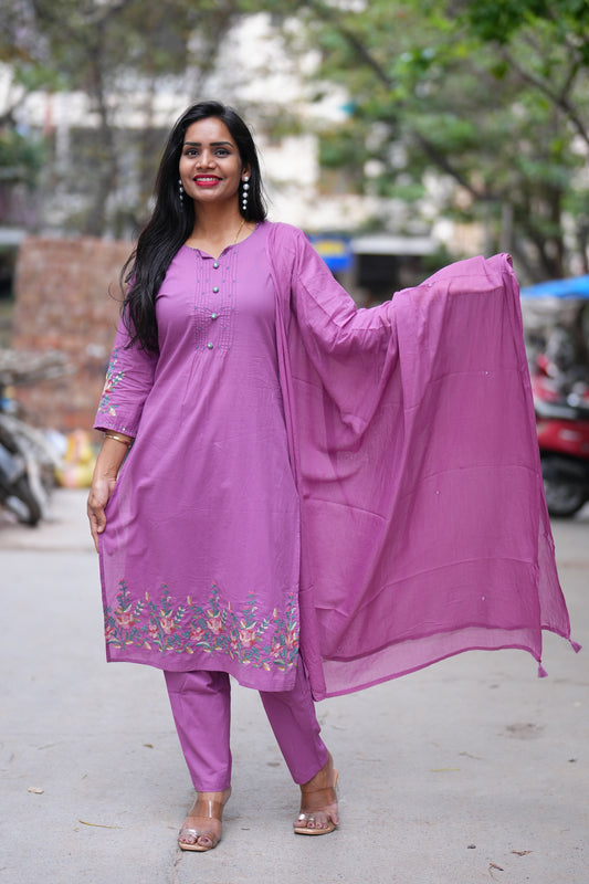 Purple Color Office Wear 3 Piece Set With Embroidery Work
