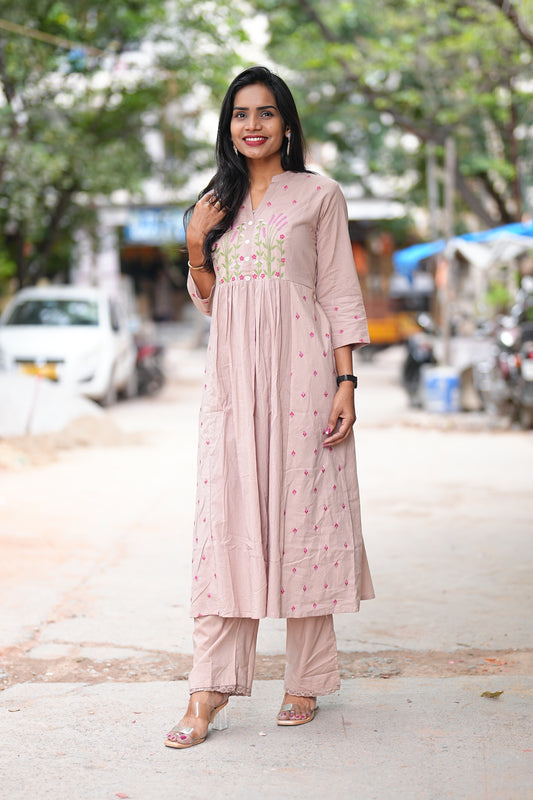 Light Brown Color Mul Cotton Cordset With Emrbiodary Work and Complete Lining