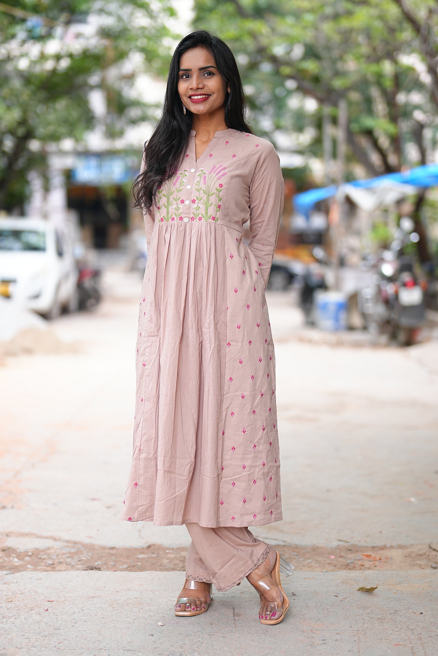 Light Brown Thread Embriodary Pure Mul Cotton Cordset With Complete Lining