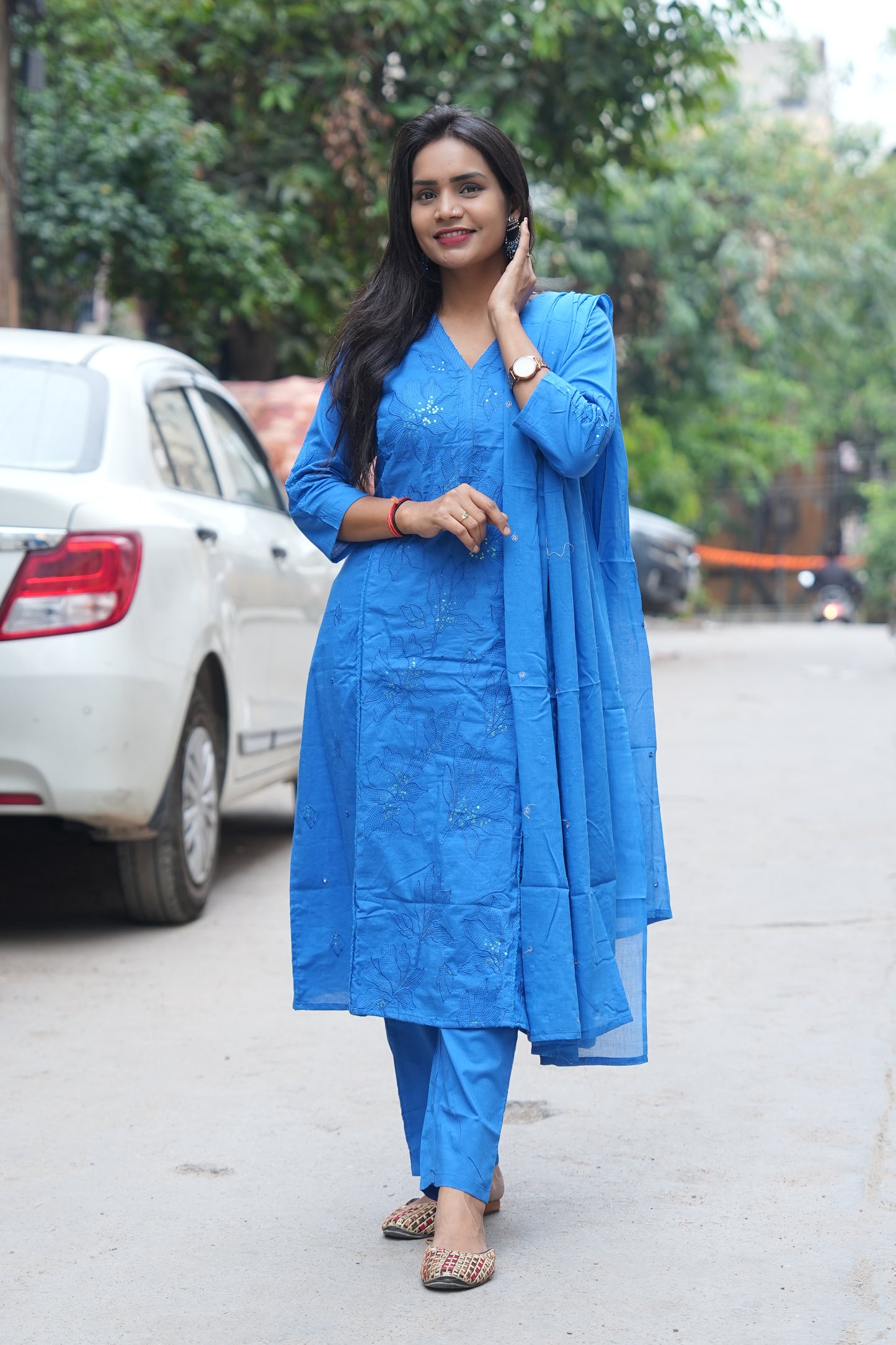 Beautiful Jaipur Slub Cotton Blue Color A Line Office Wear 3 Piece Set