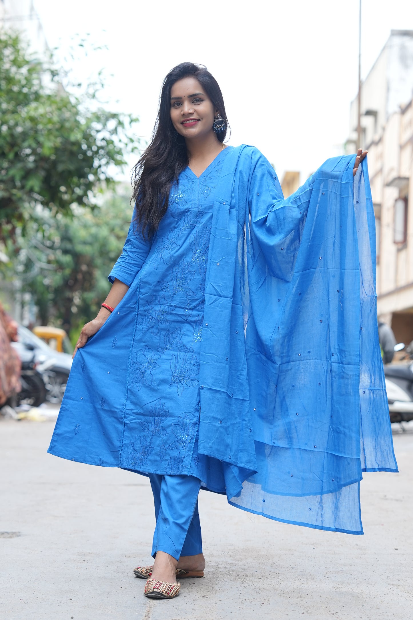 Beautiful Jaipur Slub Cotton Blue Color A Line Office Wear 3 Piece Set