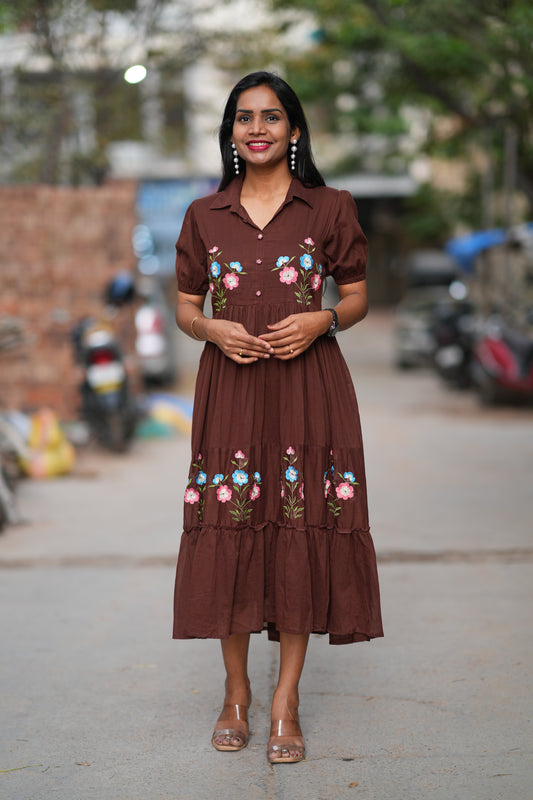 Brown Color Mul Cotton Frock With Embroidery Work and Complete Lining