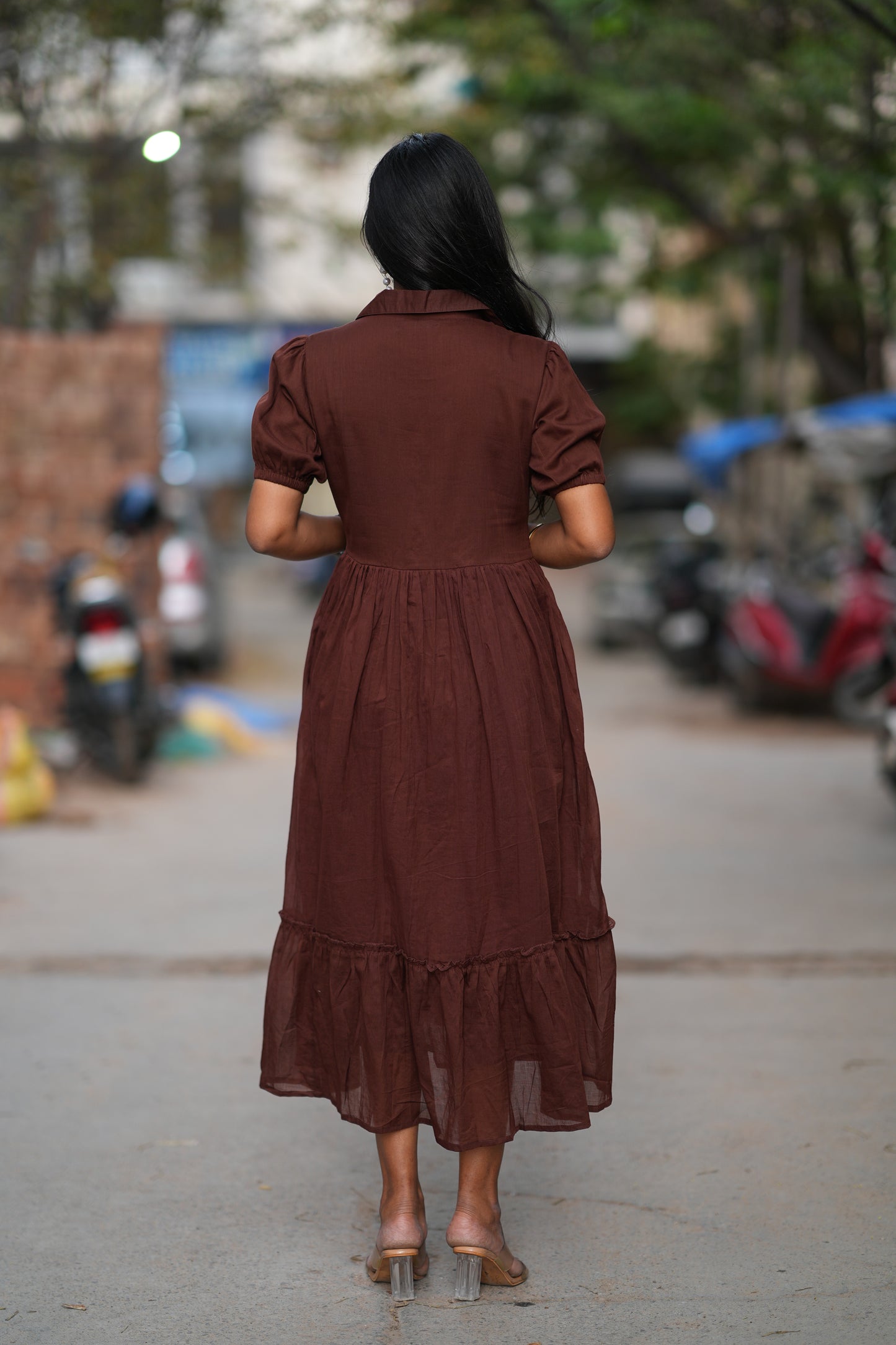Brown Color Mul Cotton Frock With Embroidery work and complete Lining