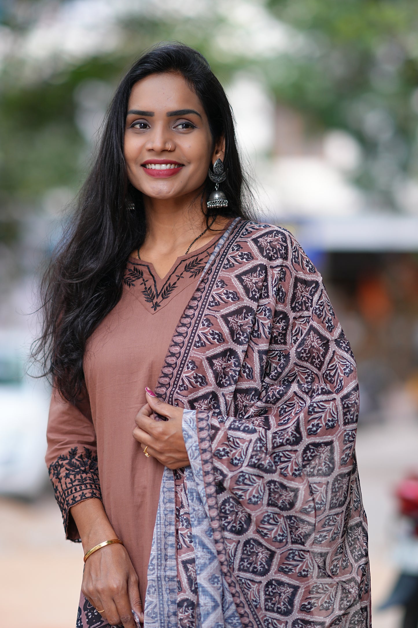 Brown Color Jaipur Cotton Office Wear Dress With Organza Dupatta and Complete Lining