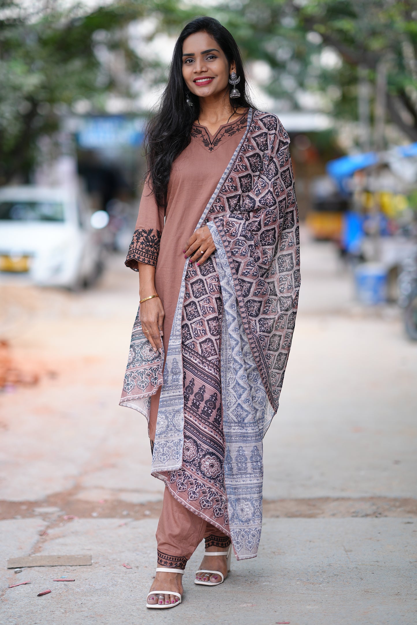 Brown Color Jaipur Cotton 3 Piece Set With Complete Lining