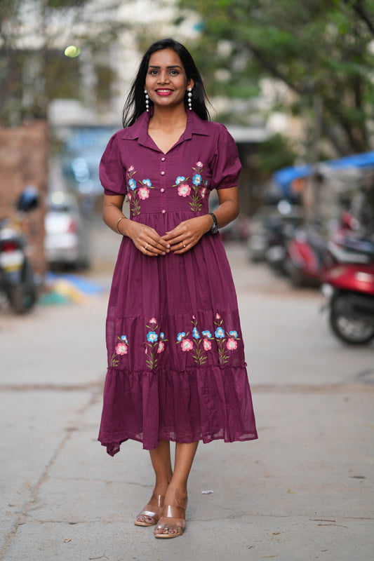 Burgundy Color Mul cotton Frock With Embroidery work and full lining