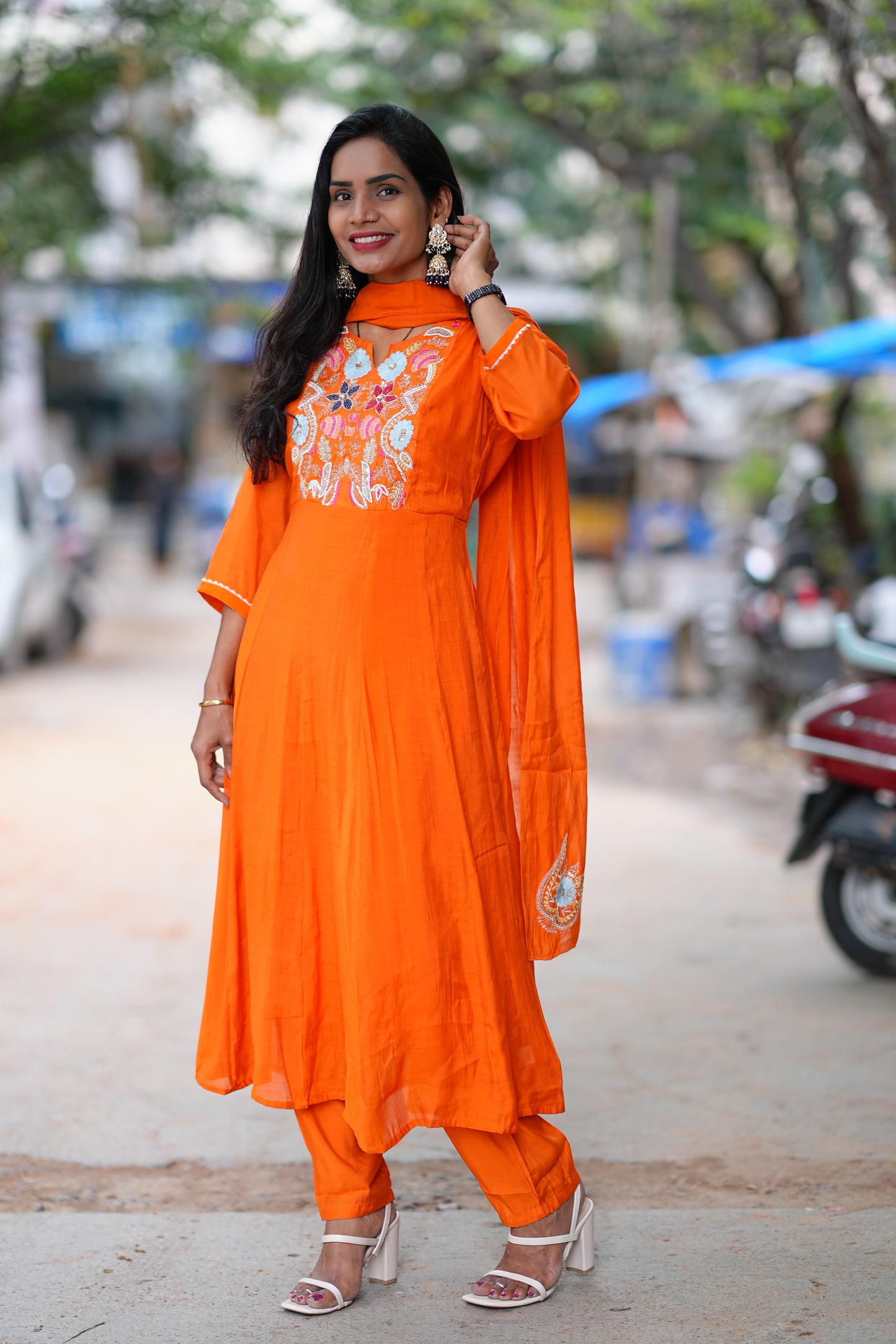 Orange Color Mul Chanderi 3 Piece Set With Lining Lining