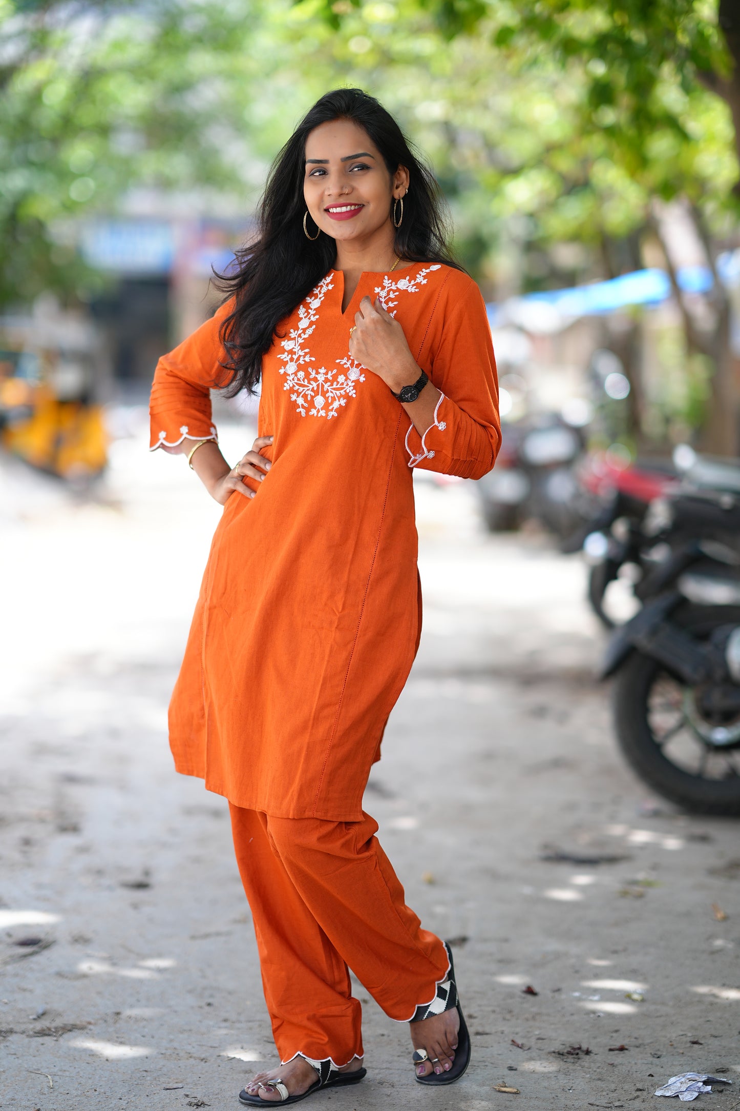 Orange Cord Set with Necklace Thread Embroidery