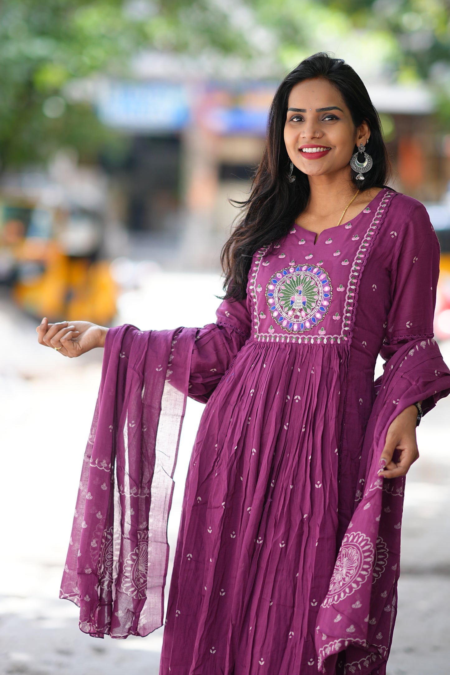 Purple Color Pure Mul Cotton 3 Piece Set With Peacock Embroidery Work