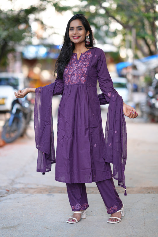 Purple Color Jaipur Thread Embriodary 3 Piece Set
