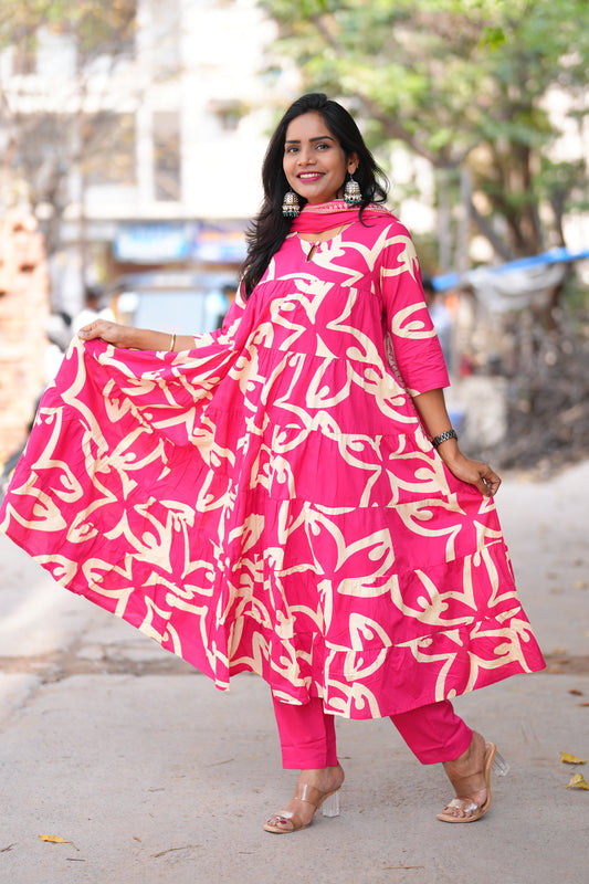 Dark Pink Color Jaipur cotton Full Flare Anarkali 3 Piece Set
