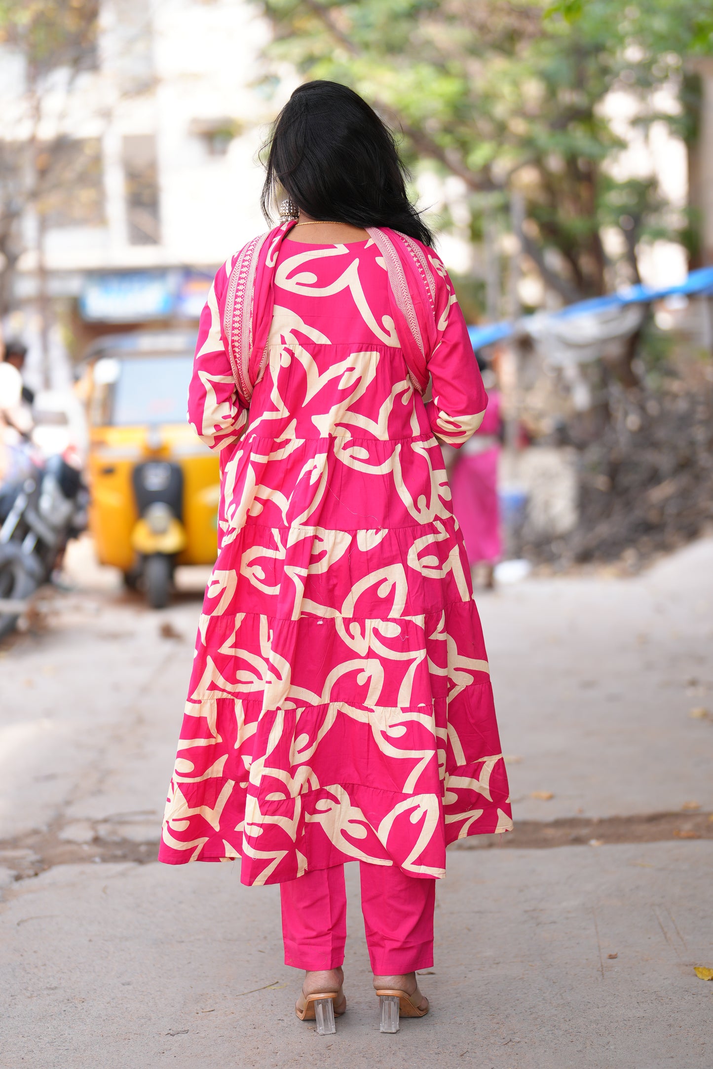 Dark Pink Color Jaipur cotton Full Flare Anarkali 3 Piece Set