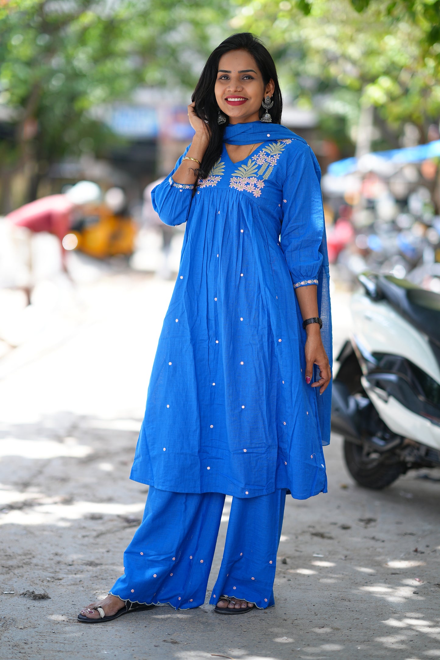 Blue Color Jaipur Cotton With Thread Embroidary Work and Complete Lining