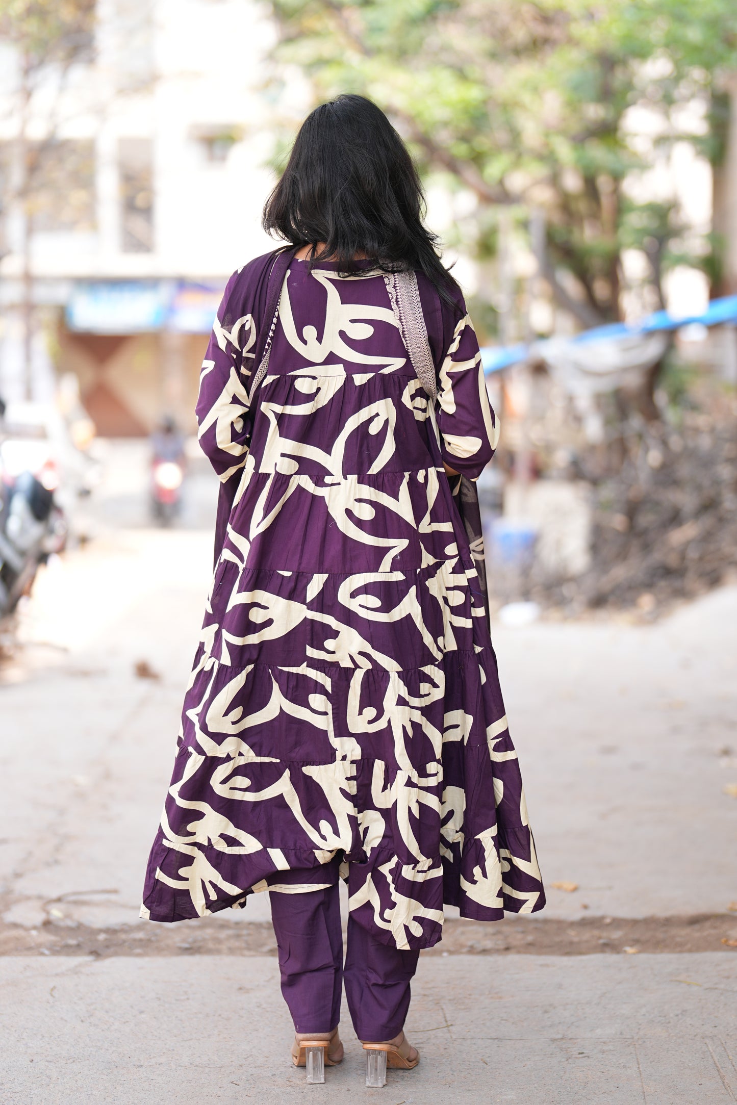 Purple Color Jaipur cotton Full Flare Anarkali 3 Piece Set