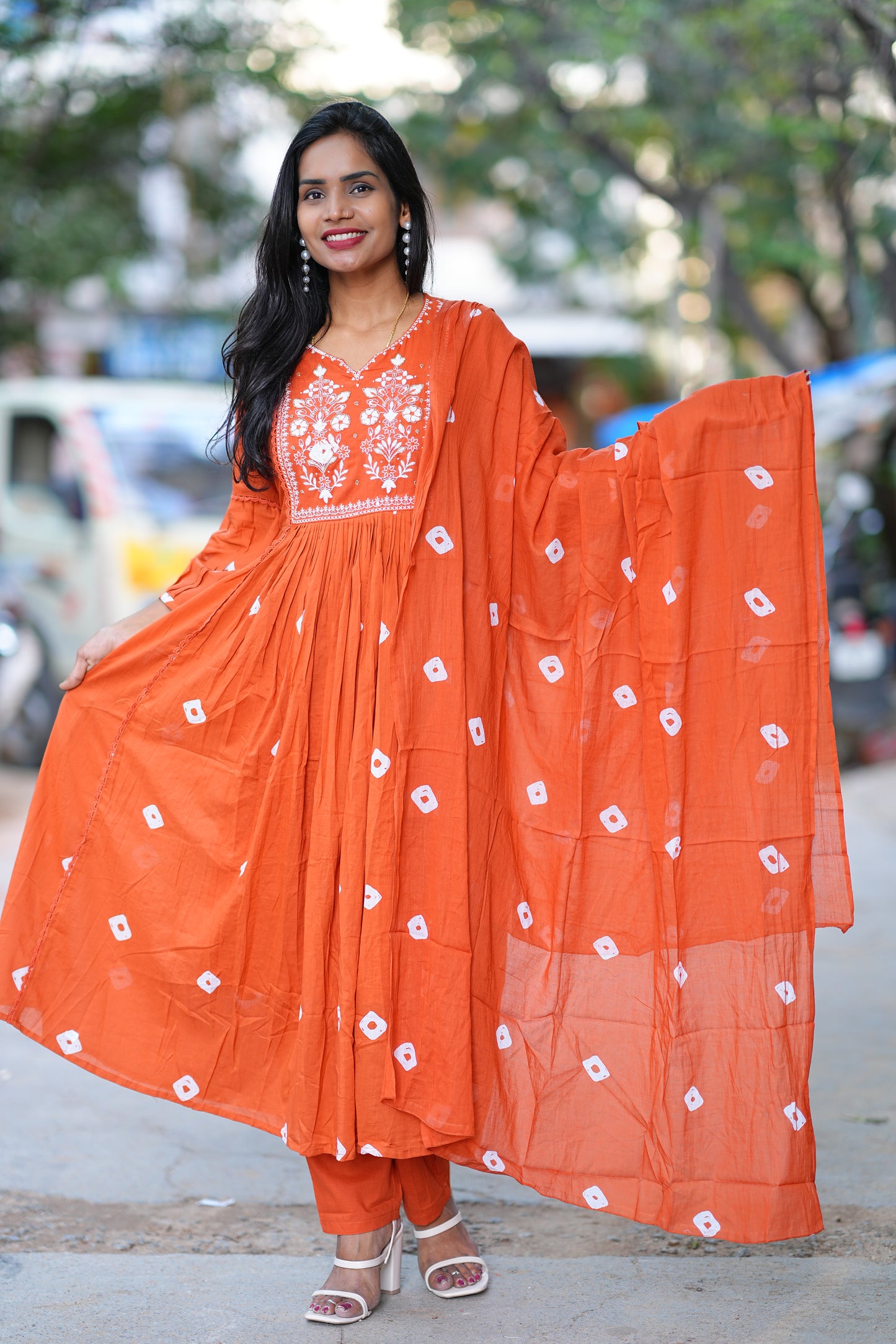 Rust Orange Mul Mul Cotton Bandhani Print 3 Piece Set With Thread Embroidery Work and Lining
