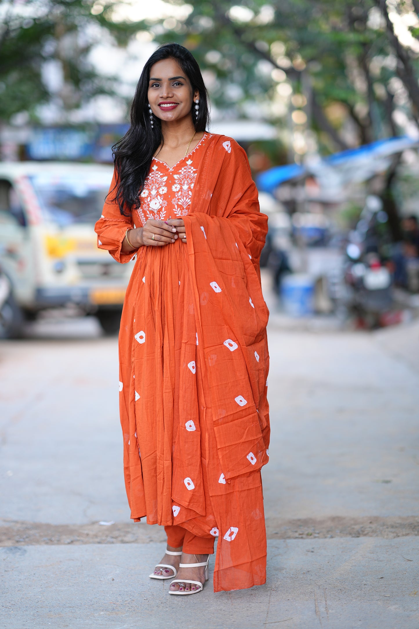 Rust Orange Mul Mul Cotton Bandhani Print 3 Piece Set With Thread Embroidery Work and Lining
