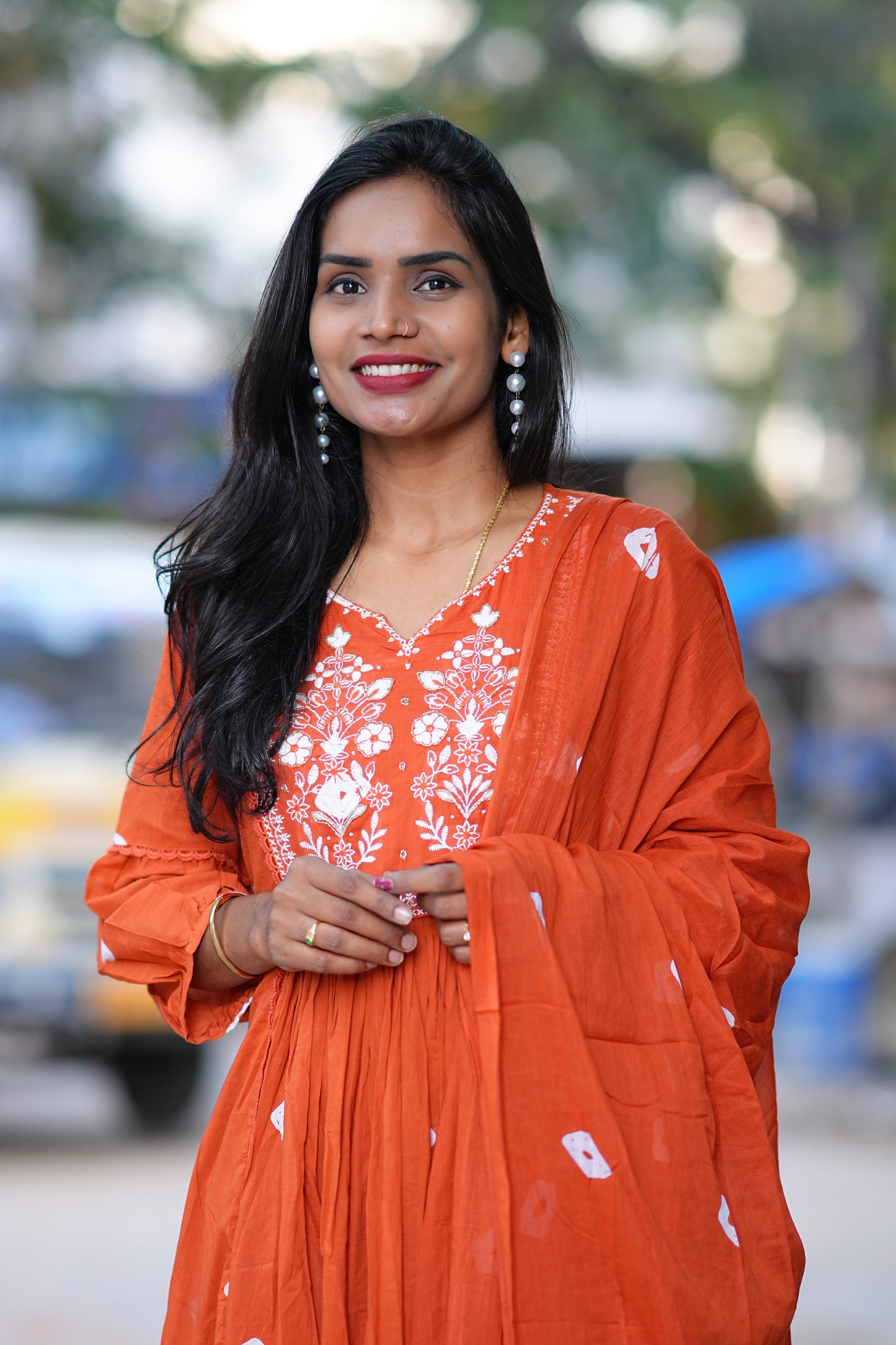 Rust Orange Mul Mul Cotton Bandhani Print 3 Piece Set With Thread Embroidery Work and Lining