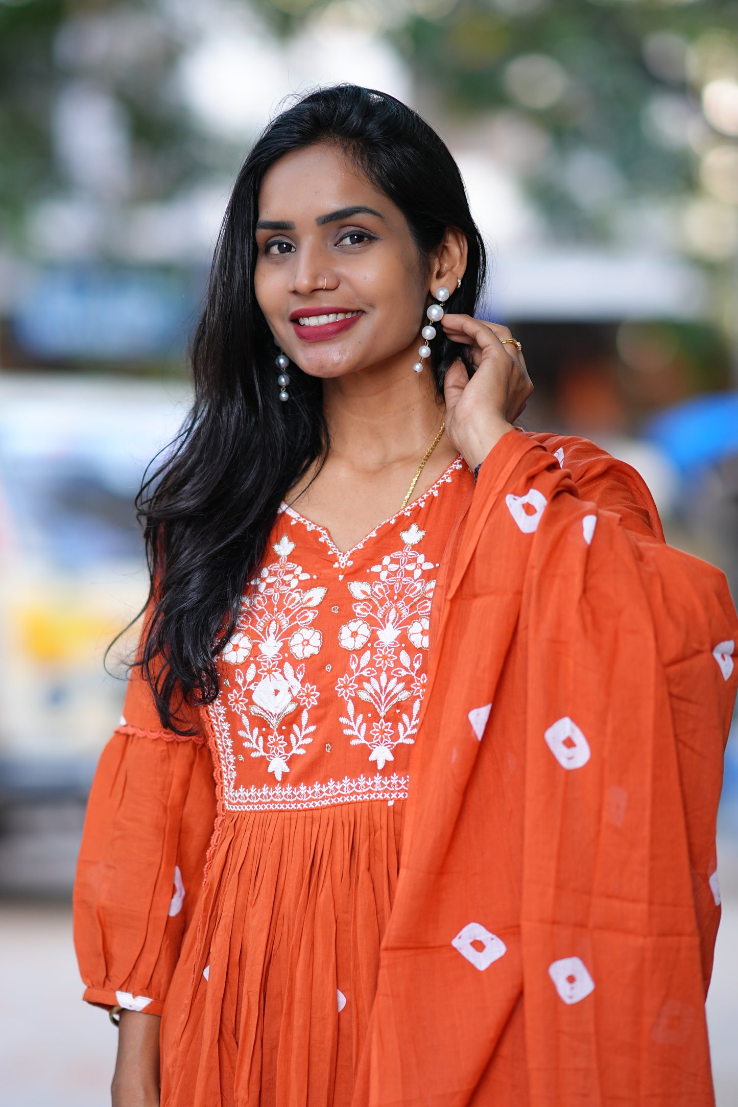 Rust Orange Mul Mul Cotton Bandhani Print 3 Piece Set With Thread Embroidery Work and Lining