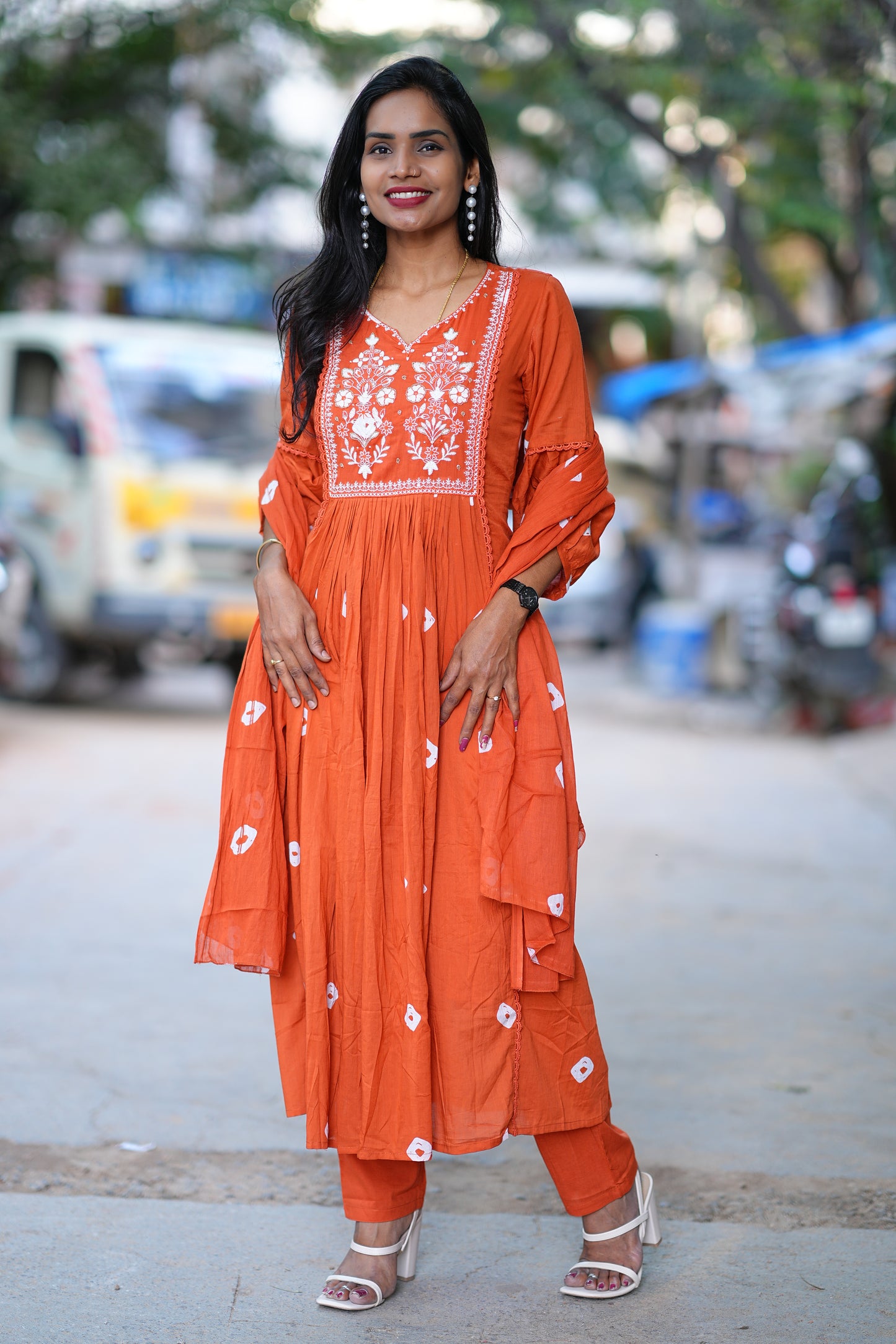 Rust Orange Mul Mul Cotton Bandhani Print 3 Piece Set With Thread Embroidery Work and Lining