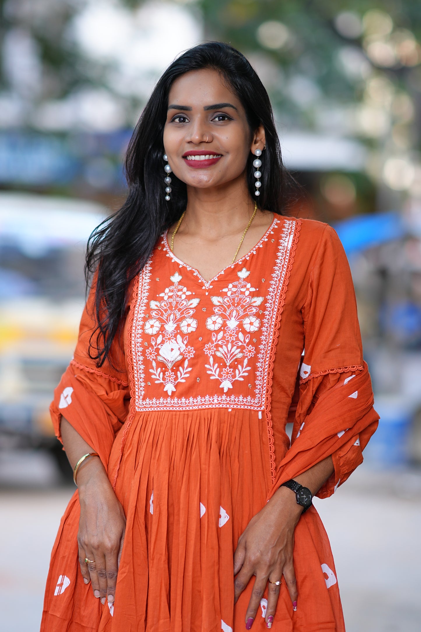 Rust Orange Mul Mul Cotton Bandhani Print 3 Piece Set With Thread Embroidery Work and Lining