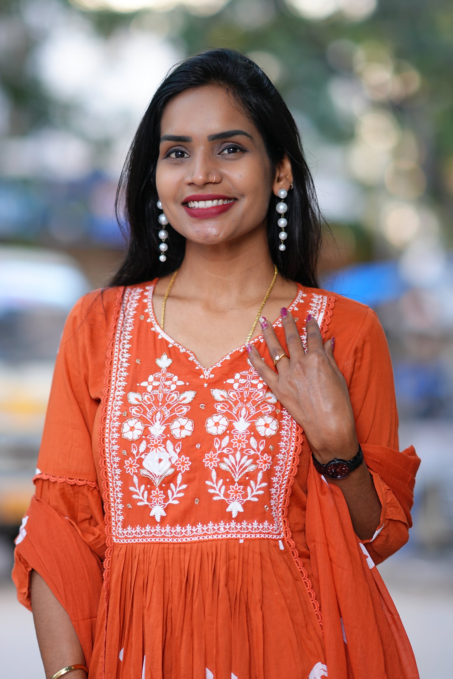 Rust Orange Mul Mul Cotton Bandhani Print 3 Piece Set With Thread Embroidery Work and Lining