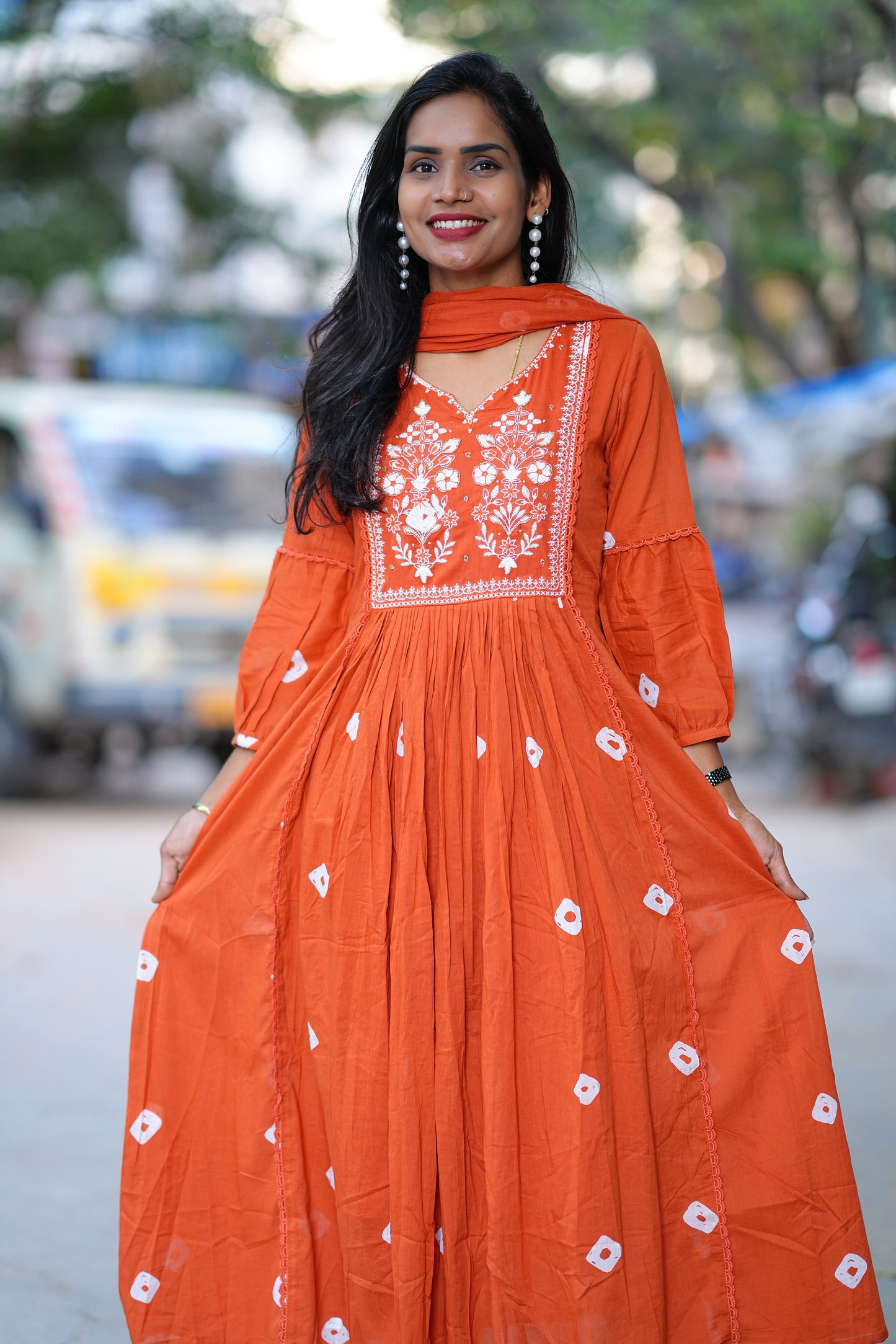 Rust Orange Mul Mul Cotton Bandhani Print 3 Piece Set With Thread Embroidery Work and Lining