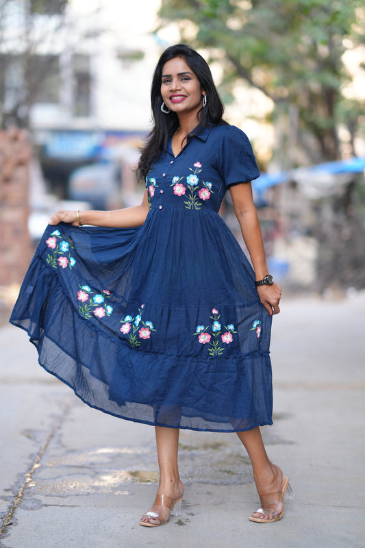 Blue Color Mul cotton Frock With Embroidery work and full lining