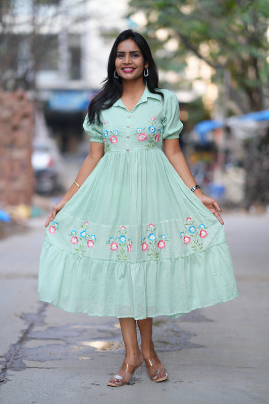 Pastel Green Color Mul cotton Frock With Embroidery work and full lining