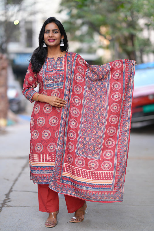 Red Color Fiber Cotton Office Wear 3 Piece Set